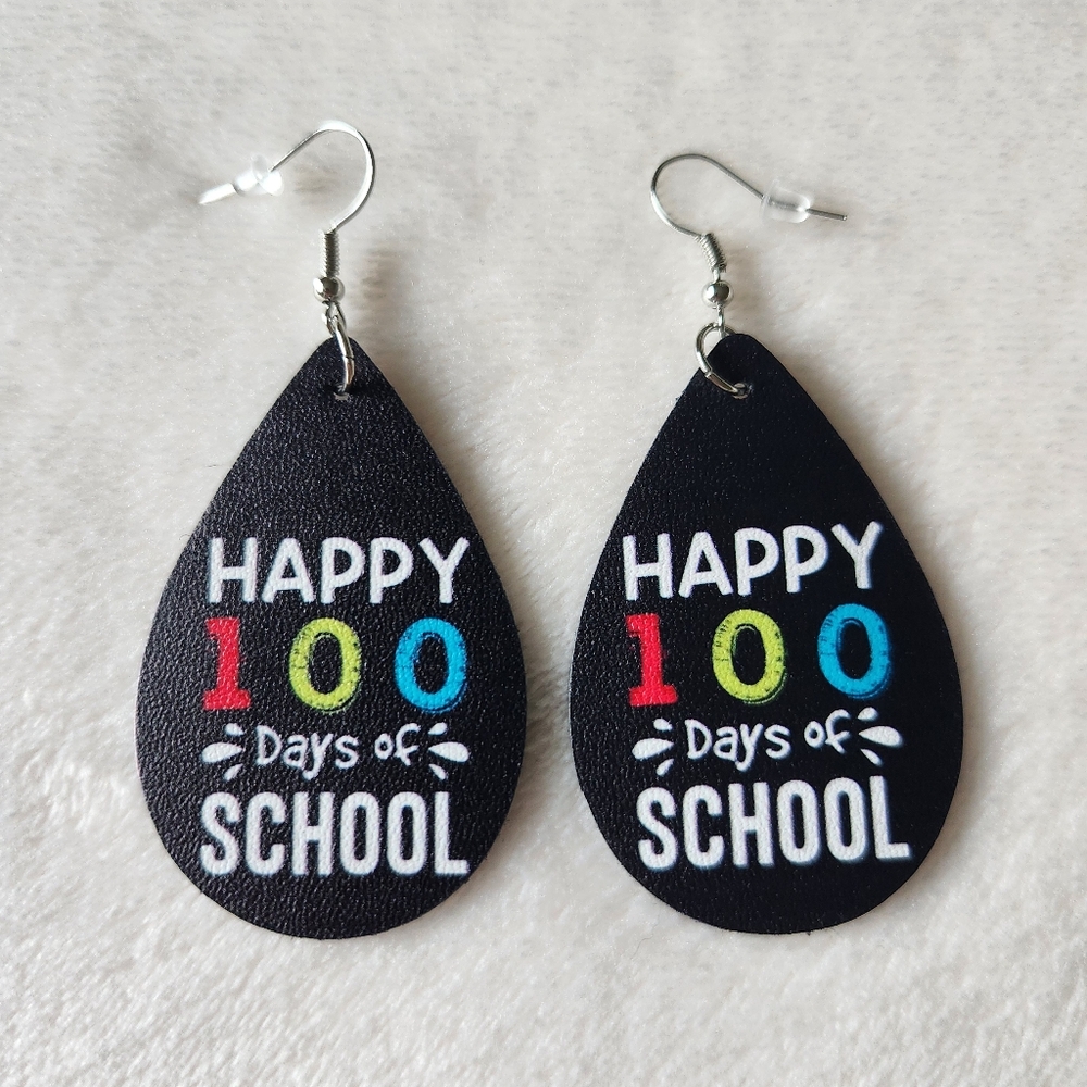 Happy 100 Days of School Faux Leather Drop Earrings
